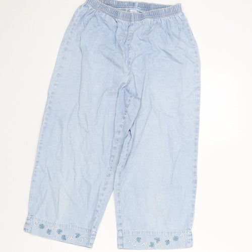 Woolworths Womens Blue Cotton Capri Jeans Size 34 in L20 in Regular - Floral Embroidery, Elastic Waist, Wide Leg