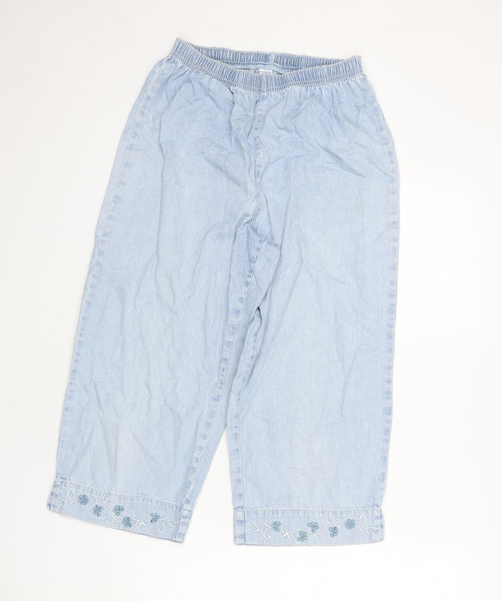 Woolworths Womens Blue Cotton Capri Jeans Size 34 in L20 in Regular - Floral Embroidery, Elastic Waist, Wide Leg