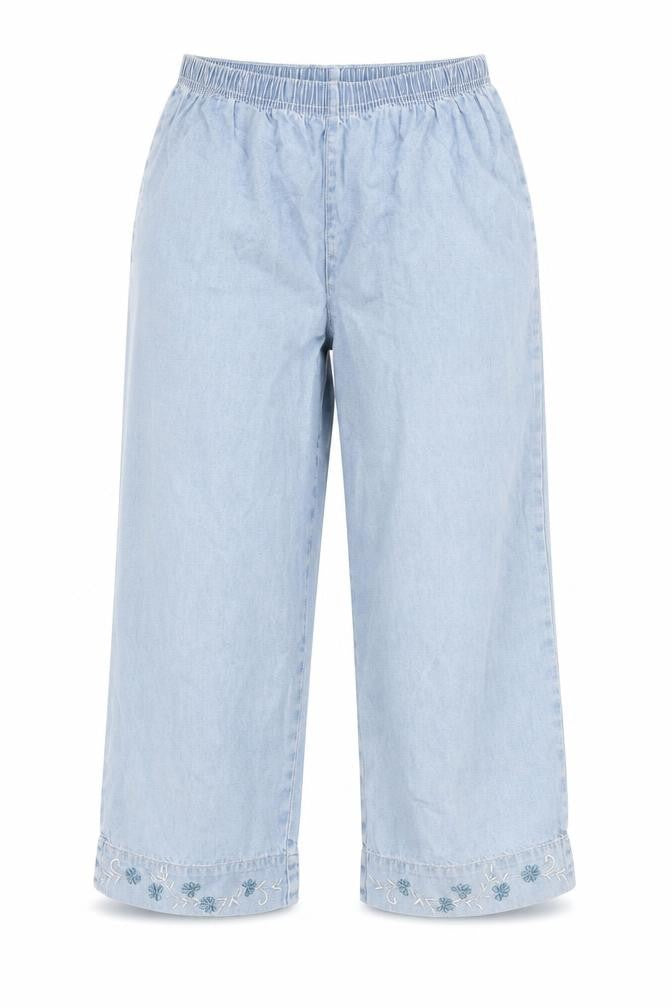 Woolworths Womens Blue Cotton Capri Jeans Size 34 in L20 in Regular - Floral Embroidery, Elastic Waist, Wide Leg