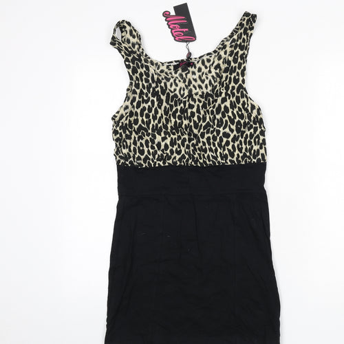 Motel Womens Black Animal Print Cotton Bodycon Size M Scoop Neck Pullover - Leopard Print