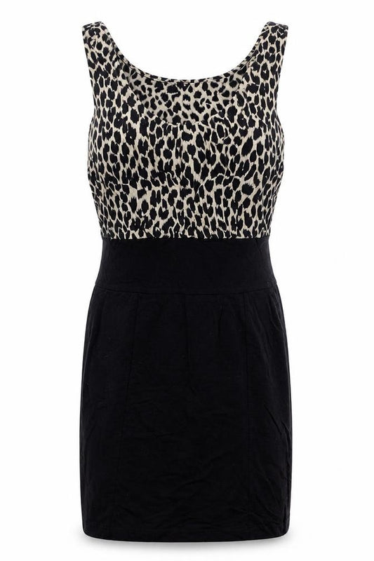 Front view of Motel Rocks women’s black animal print cotton bodycon, size M, scoop neck pullover - leopard print