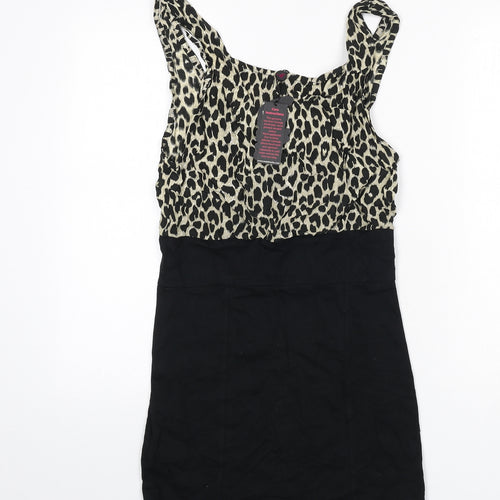 Motel Womens Black Animal Print Cotton Bodycon Size M Scoop Neck Pullover - Leopard Print