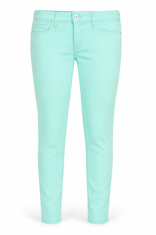 Front view of Levi's women’s green cotton skinny jeans, size UK 26, in, 28-inch leg regular zip