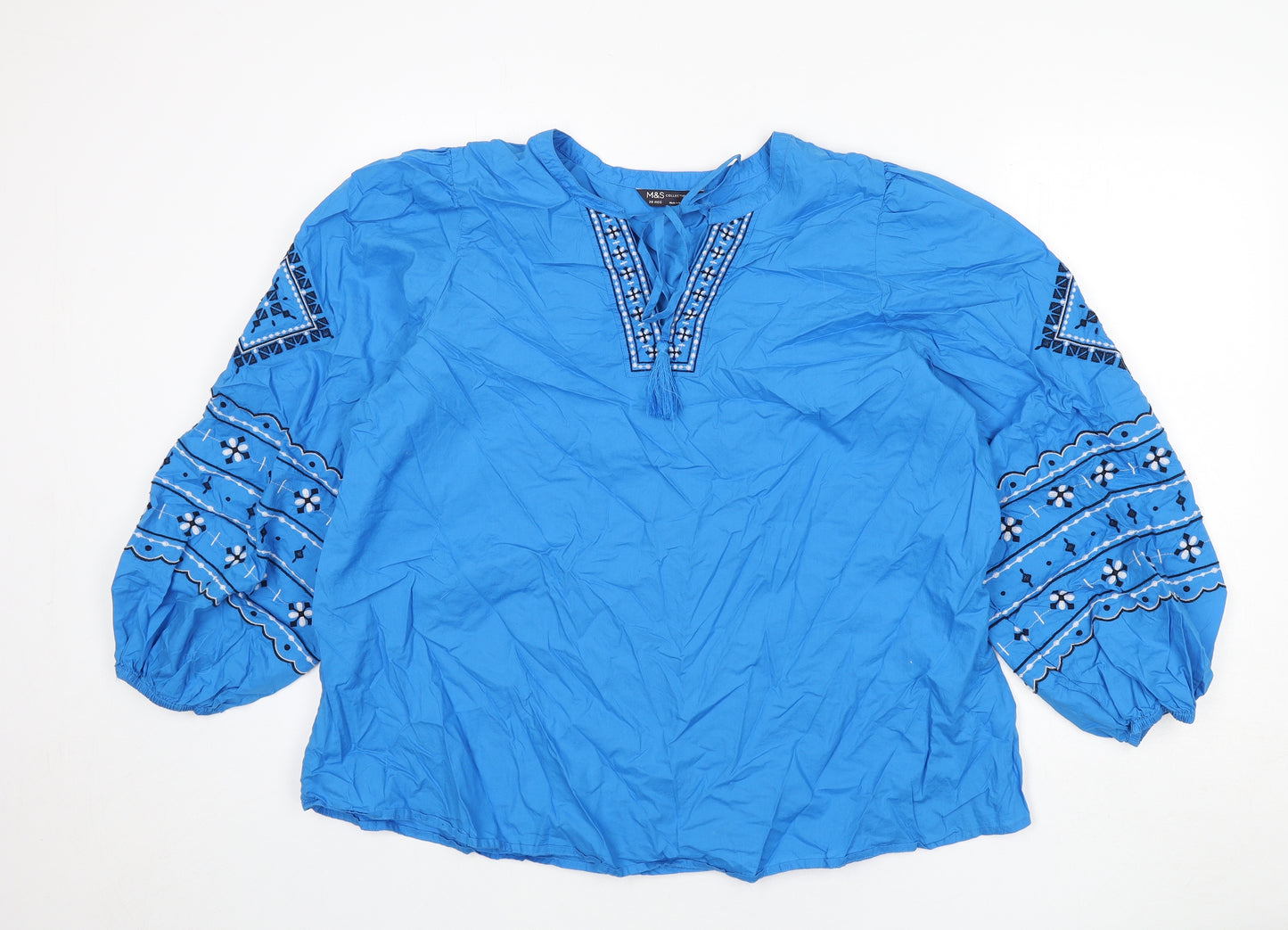 Marks and Spencer Womens Blue Cotton Basic Blouse Size 20 Round Neck - Embroidered Detail