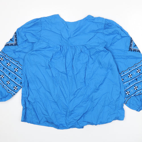 Marks and Spencer Womens Blue Cotton Basic Blouse Size 20 Round Neck - Embroidered Detail
