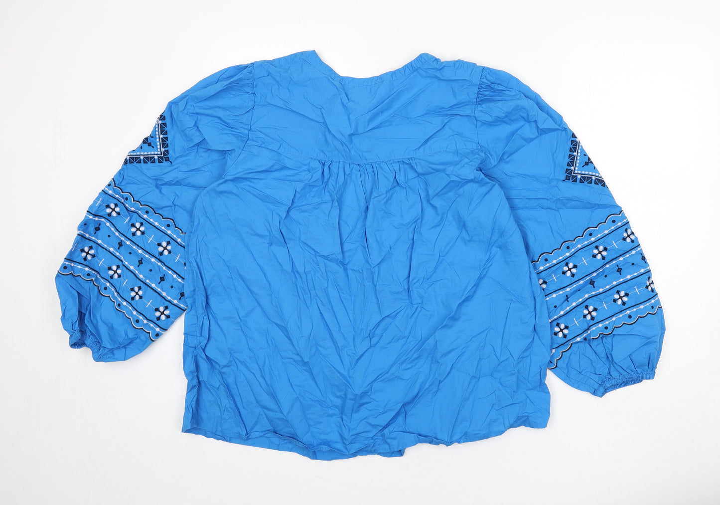 Marks and Spencer Womens Blue Cotton Basic Blouse Size 20 Round Neck - Embroidered Detail