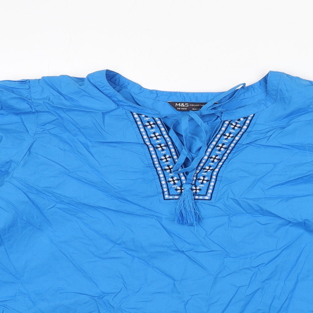 Marks and Spencer Womens Blue Cotton Basic Blouse Size 20 Round Neck - Embroidered Detail