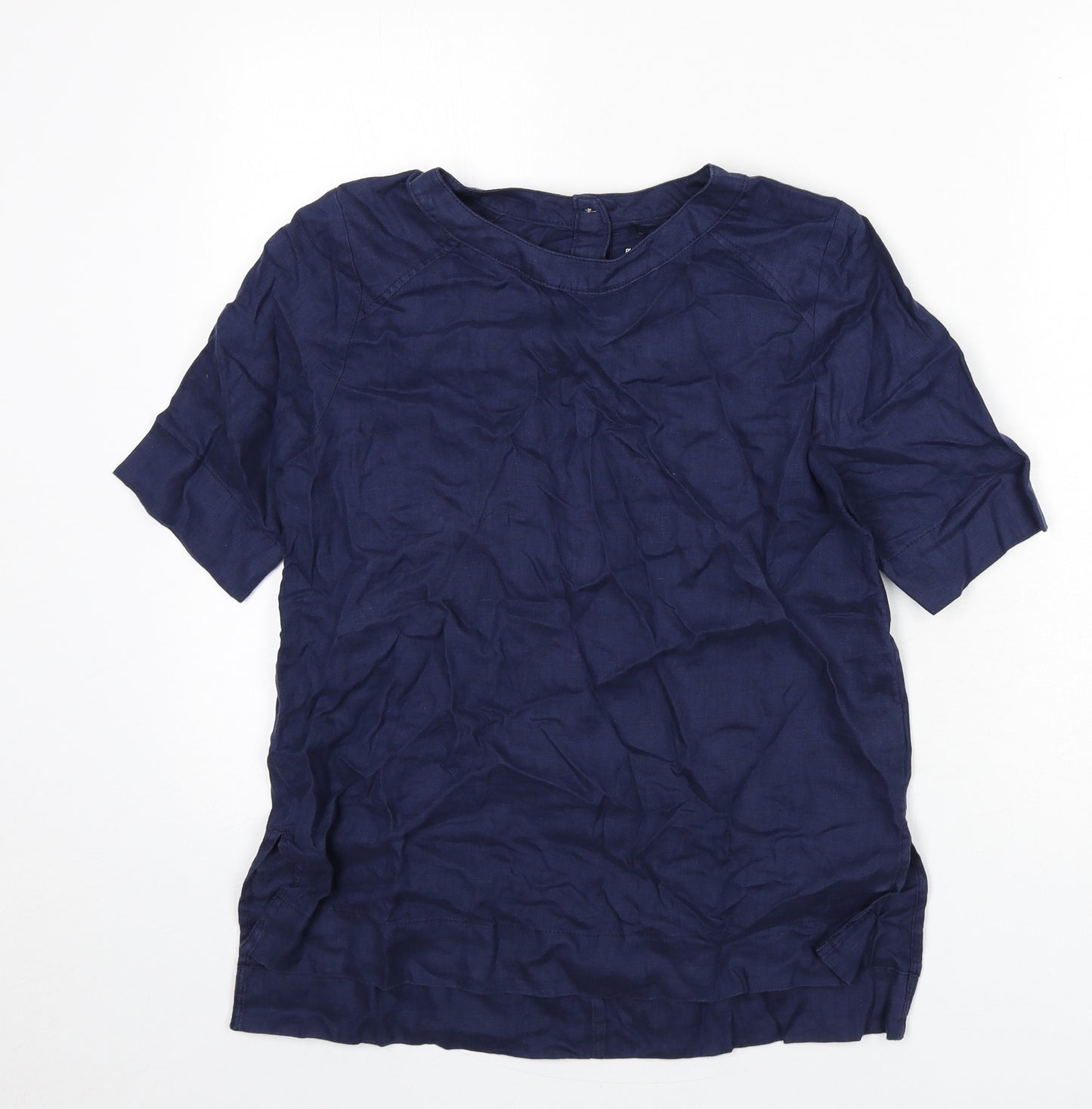 Marks and Spencer Womens Blue Linen Basic Blouse Size 6 Round Neck