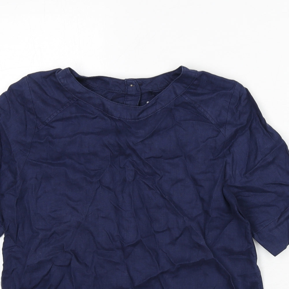 Marks and Spencer Womens Blue Linen Basic Blouse Size 6 Round Neck