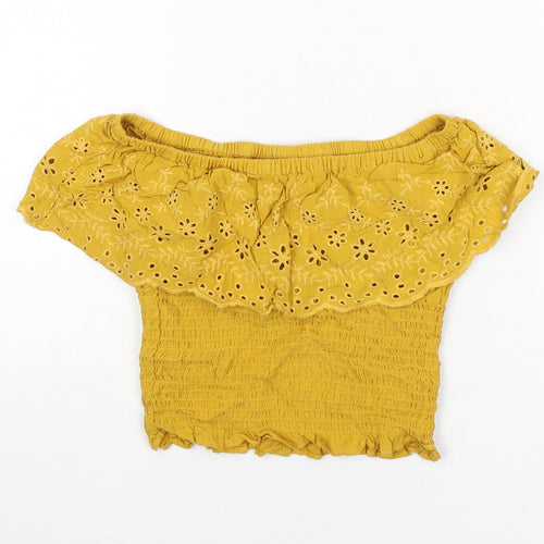 New Look Girls Yellow Polyester Cropped T-Shirt Size 11 Years Off the Shoulder Pullover - Floral Embroidery, Shirred, Bardot