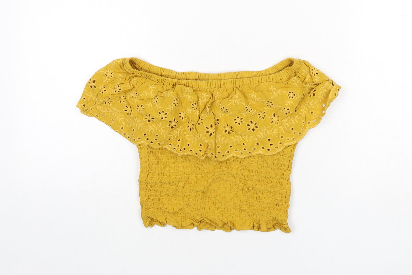 New Look Girls Yellow Polyester Cropped T-Shirt Size 11 Years Off the Shoulder Pullover - Floral Embroidery, Shirred, Bardot