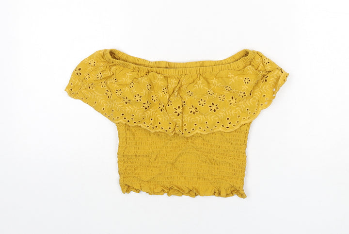 New Look Girls Yellow Polyester Cropped T-Shirt Size 11 Years Off the Shoulder Pullover - Floral Embroidery, Shirred, Bardot
