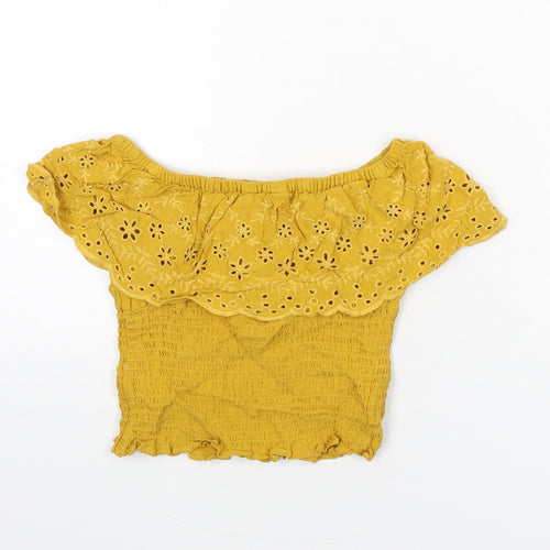 New Look Girls Yellow Polyester Cropped T-Shirt Size 11 Years Off the Shoulder Pullover - Floral Embroidery, Shirred, Bardot
