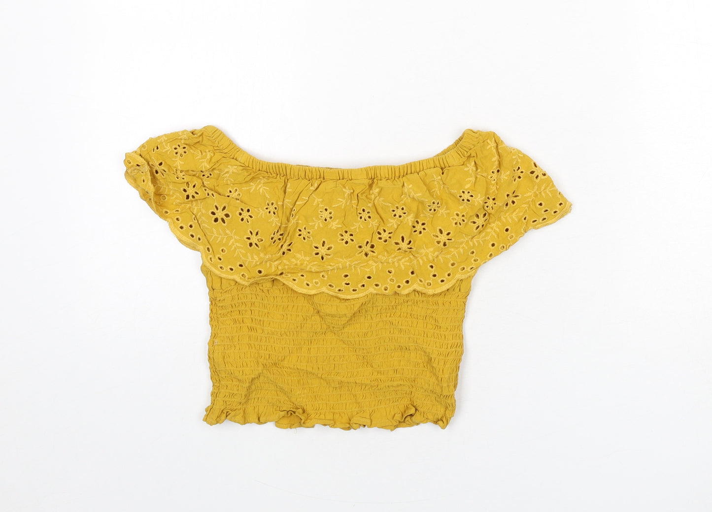 New Look Girls Yellow Polyester Cropped T-Shirt Size 11 Years Off the Shoulder Pullover - Floral Embroidery, Shirred, Bardot