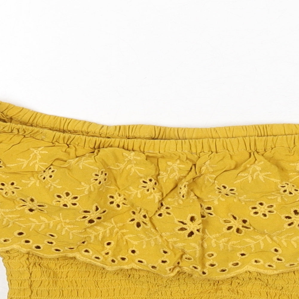 New Look Girls Yellow Polyester Cropped T-Shirt Size 11 Years Off the Shoulder Pullover - Floral Embroidery, Shirred, Bardot