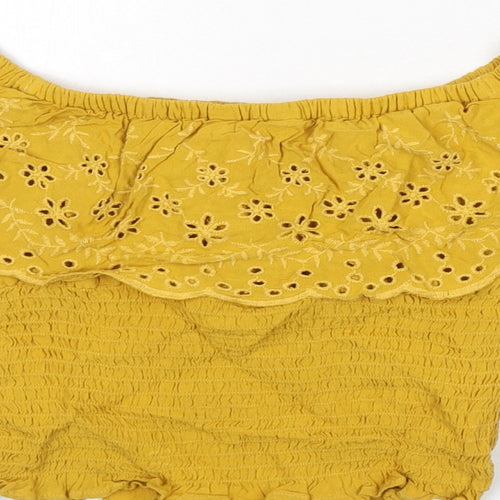 New Look Girls Yellow Polyester Cropped T-Shirt Size 11 Years Off the Shoulder Pullover - Floral Embroidery, Shirred, Bardot