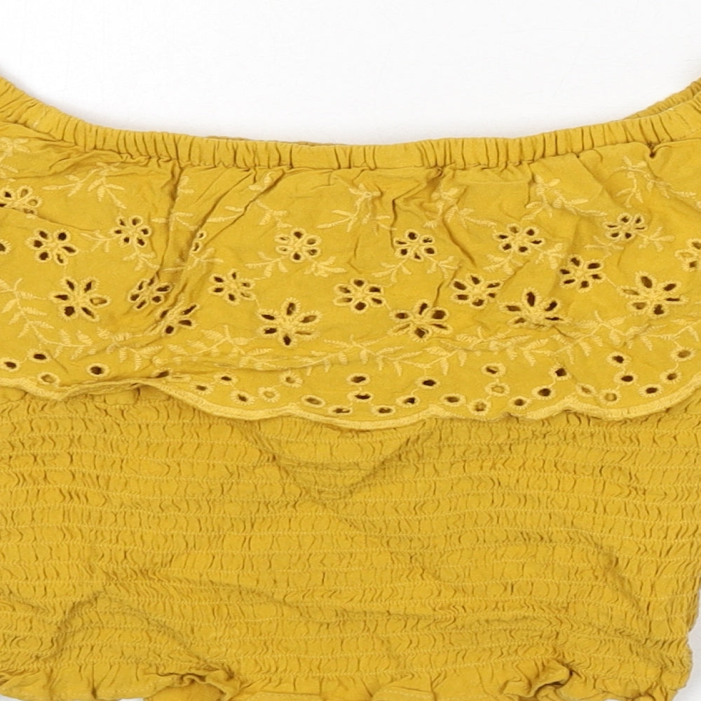 New Look Girls Yellow Polyester Cropped T-Shirt Size 11 Years Off the Shoulder Pullover - Floral Embroidery, Shirred, Bardot