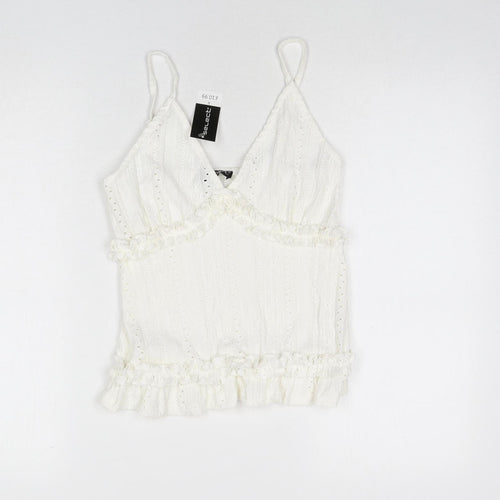 selec Womens White Geometric Polyester Camisole Tank Size S V-Neck - Ruffle Detail