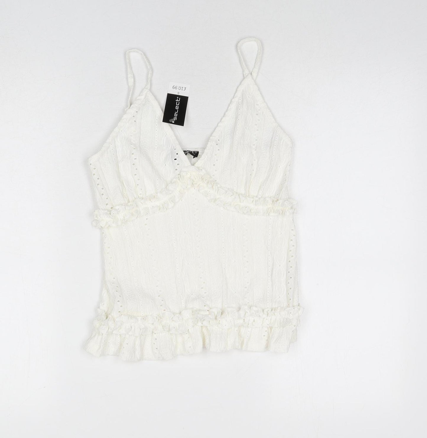 selec Womens White Geometric Polyester Camisole Tank Size S V-Neck - Ruffle Detail