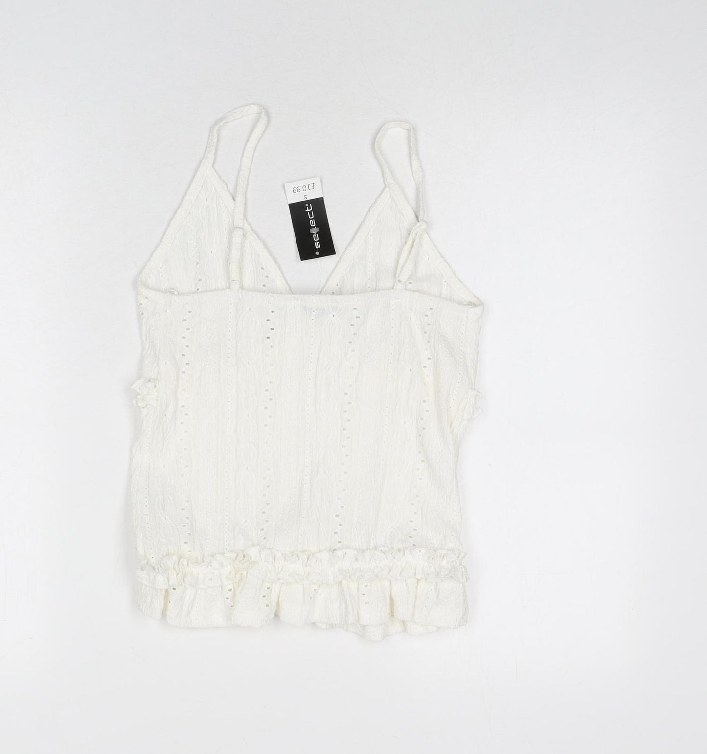selec Womens White Geometric Polyester Camisole Tank Size S V-Neck - Ruffle Detail