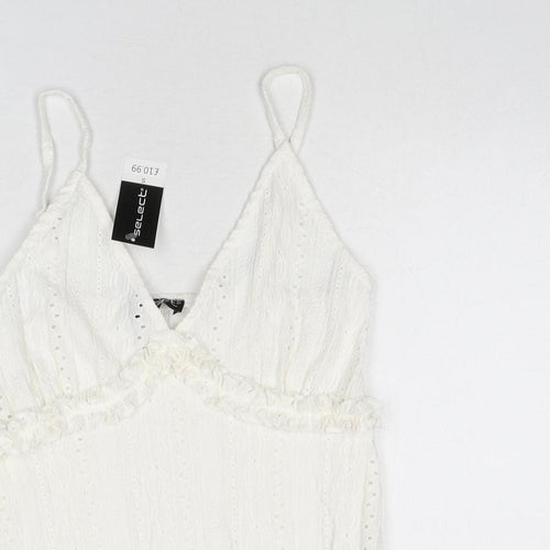 selec Womens White Geometric Polyester Camisole Tank Size S V-Neck - Ruffle Detail