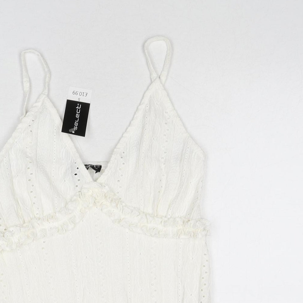 selec Womens White Geometric Polyester Camisole Tank Size S V-Neck - Ruffle Detail