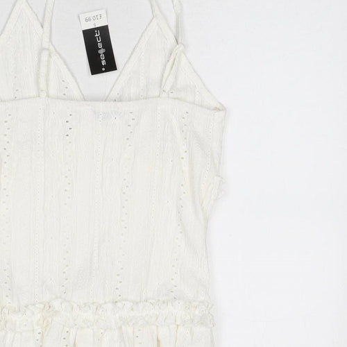 selec Womens White Geometric Polyester Camisole Tank Size S V-Neck - Ruffle Detail