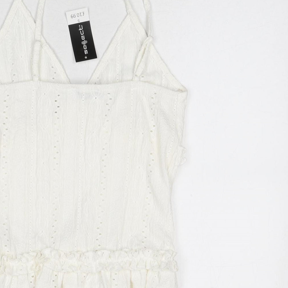 selec Womens White Geometric Polyester Camisole Tank Size S V-Neck - Ruffle Detail