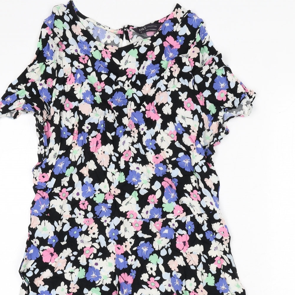 Marks and Spencer Womens Multicoloured Floral Viscose A-Line Size 12 Round Neck Button