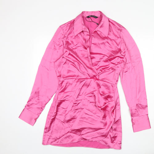 Zara Womens Pink Polyester Shirt Dress Size M Collared Zip
