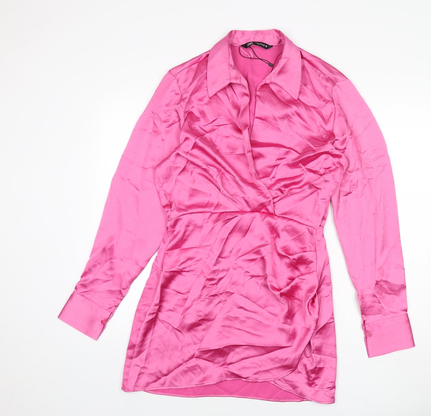 Zara Womens Pink Polyester Shirt Dress Size M Collared Zip