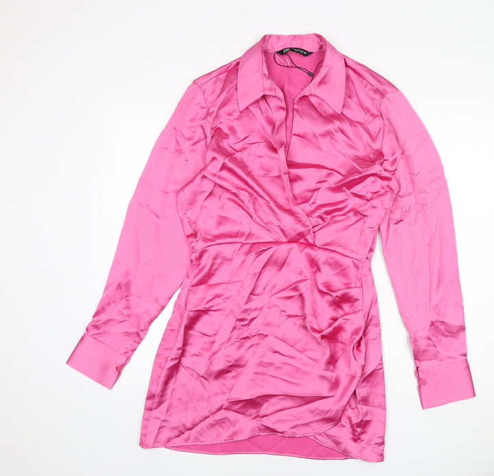 Zara Womens Pink Polyester Shirt Dress Size M Collared Zip