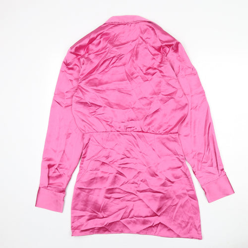 Zara Womens Pink Polyester Shirt Dress Size M Collared Zip