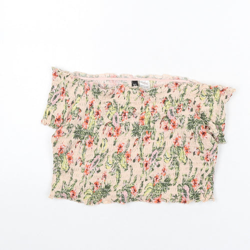Divided by H&M Womens Pink Floral Cotton Cropped T-Shirt Size L Off the Shoulder - Shirred