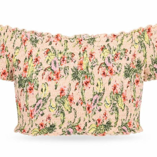 Divided by H&M Womens Pink Floral Cotton Cropped T-Shirt Size L Off the Shoulder - Shirred