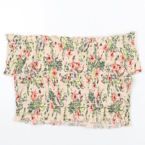 Divided by H&M Womens Pink Floral Cotton Cropped T-Shirt Size L Off the Shoulder - Shirred