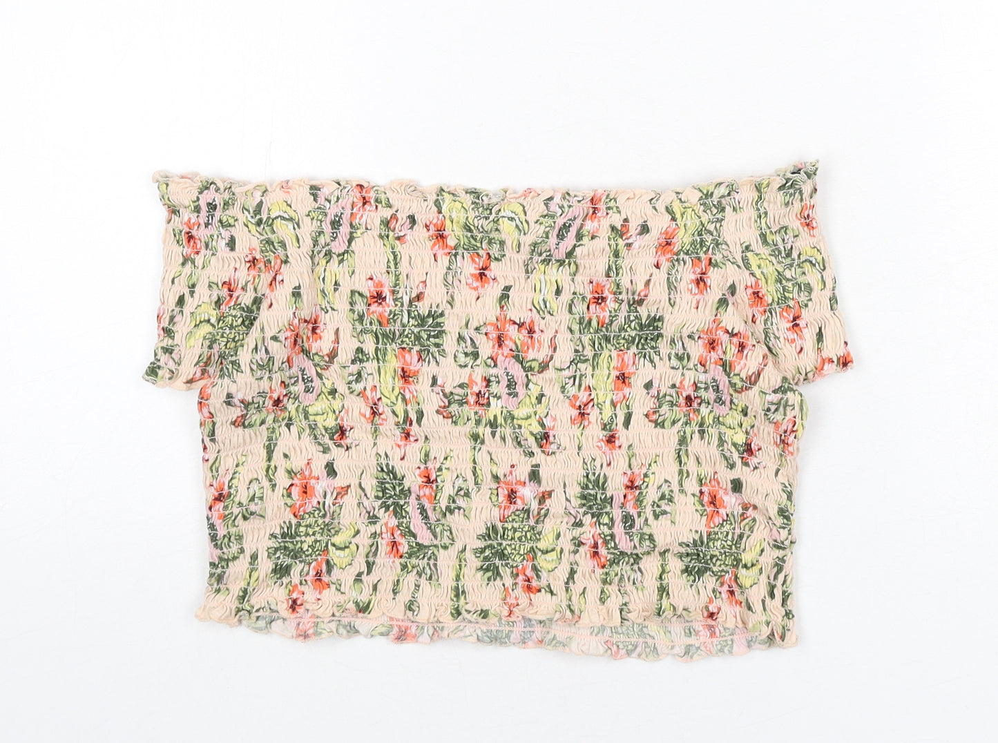 Divided by H&M Womens Pink Floral Cotton Cropped T-Shirt Size L Off the Shoulder - Shirred
