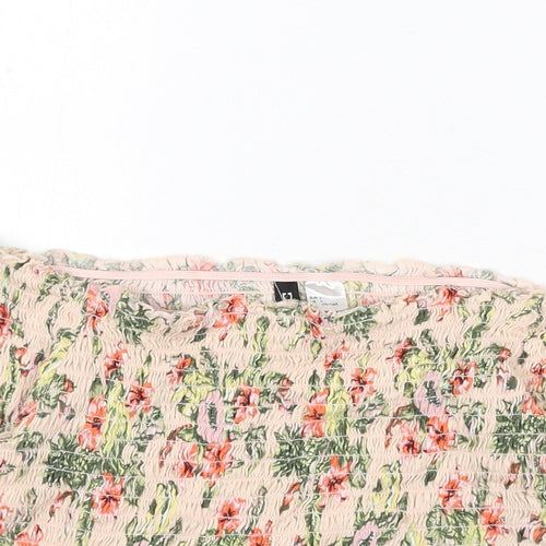 Divided by H&M Womens Pink Floral Cotton Cropped T-Shirt Size L Off the Shoulder - Shirred