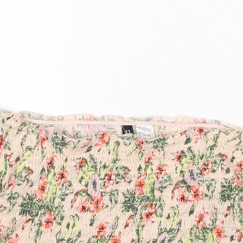 Divided by H&M Womens Pink Floral Cotton Cropped T-Shirt Size L Off the Shoulder - Shirred