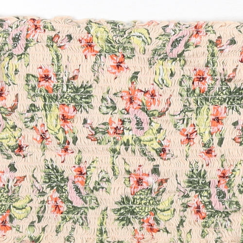 Divided by H&M Womens Pink Floral Cotton Cropped T-Shirt Size L Off the Shoulder - Shirred