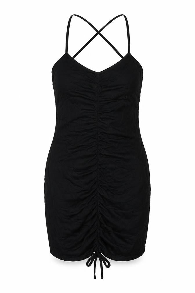Front view of Missguided women’s black viscose mini, size UK 6, scoop neck pullover - ruched