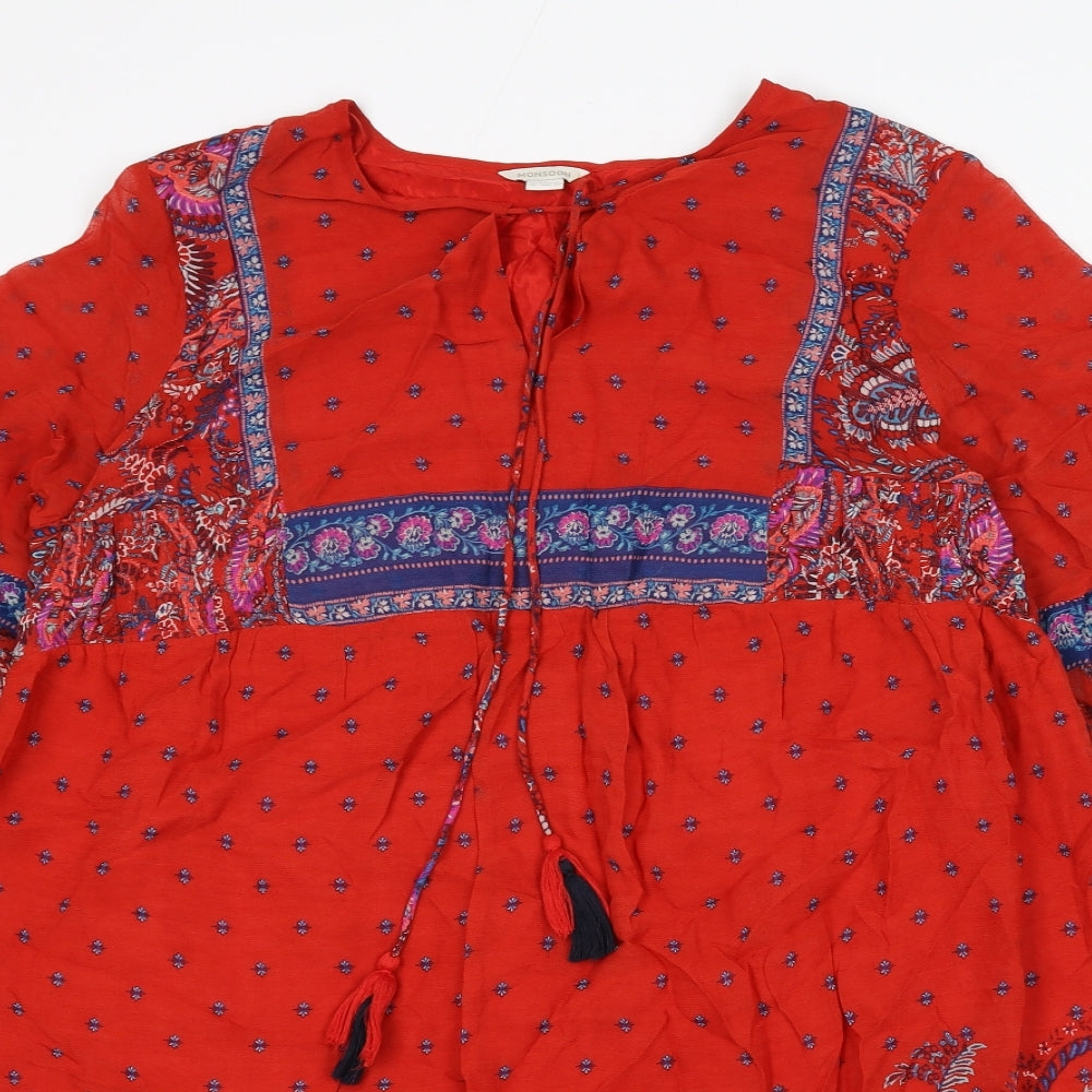 Monsoon Womens Red Geometric Viscose A-Line Size 16 Round Neck Tie