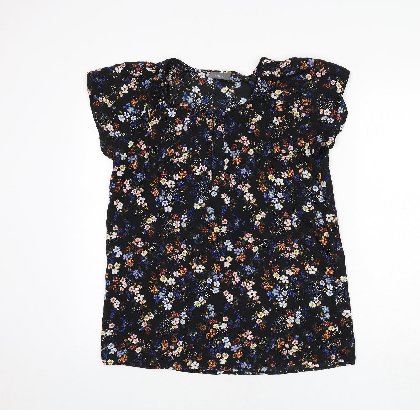 Yessica Womens Black Floral Polyester Basic Blouse Size 12 Round Neck