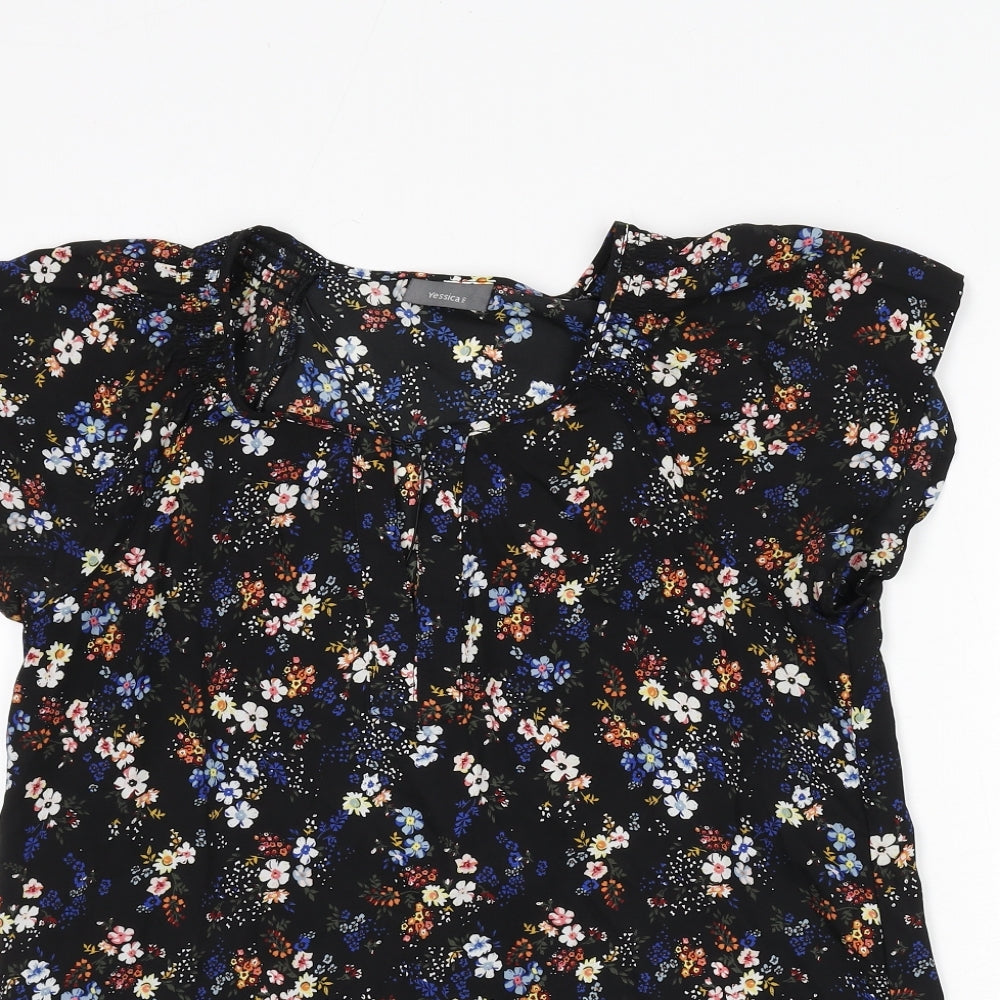 Yessica Womens Black Floral Polyester Basic Blouse Size 12 Round Neck
