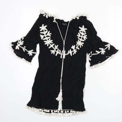 Boohoo Womens Black Cotton Cover Up Size 8 - Embroidered Detail, Pom Poms, Tassles