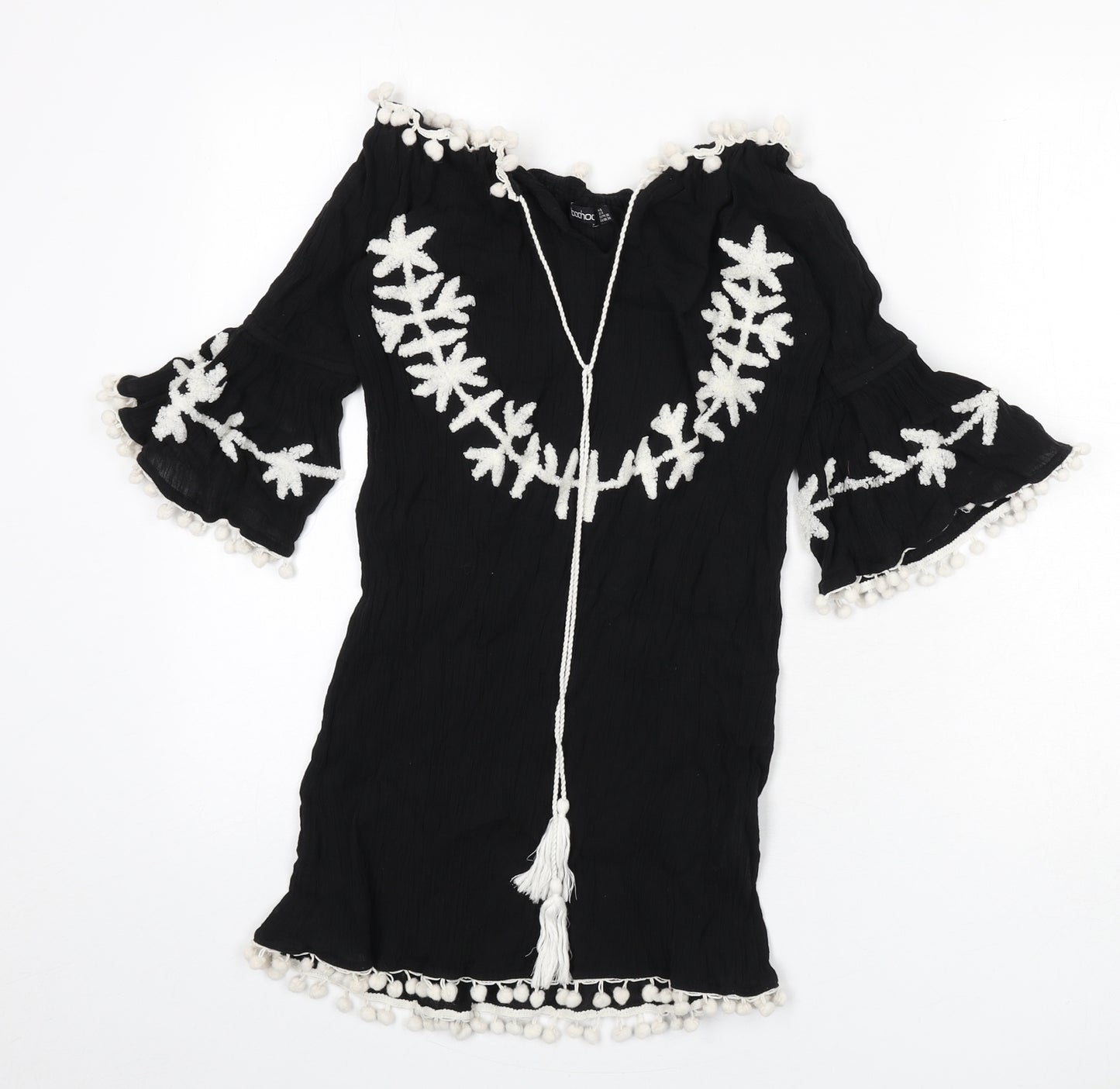 Boohoo Womens Black Cotton Cover Up Size 8 - Embroidered Detail, Pom Poms, Tassles