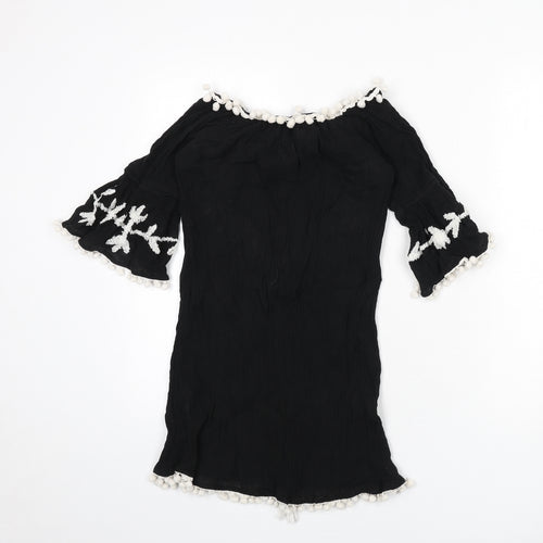 Boohoo Womens Black Cotton Cover Up Size 8 - Embroidered Detail, Pom Poms, Tassles