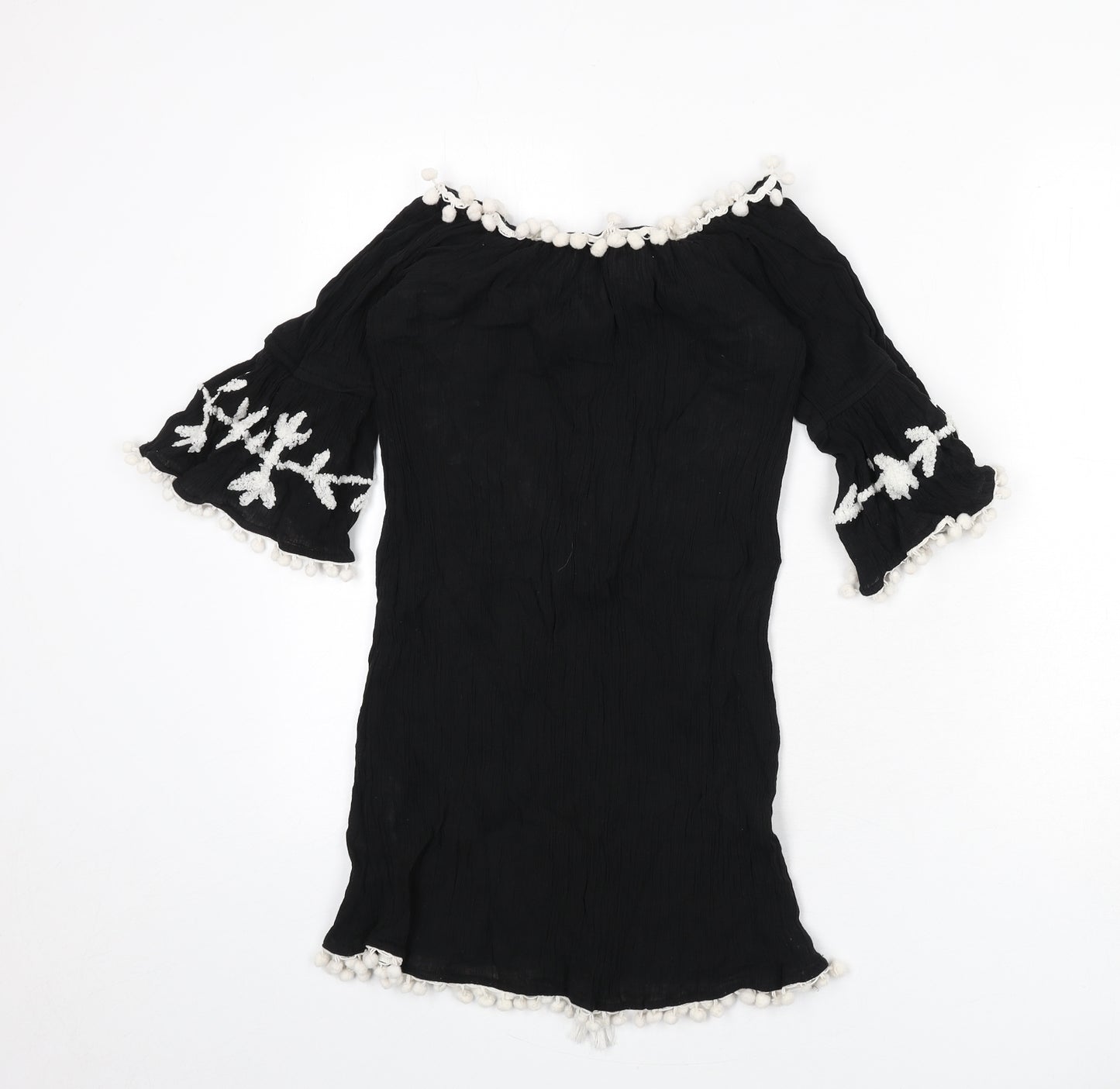 Boohoo Womens Black Cotton Cover Up Size 8 - Embroidered Detail, Pom Poms, Tassles
