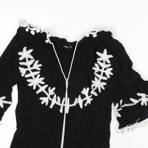 Boohoo Womens Black Cotton Cover Up Size 8 - Embroidered Detail, Pom Poms, Tassles