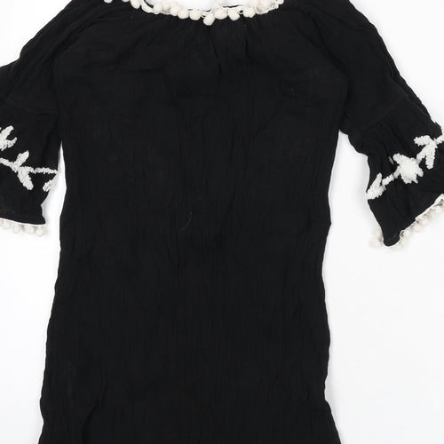 Boohoo Womens Black Cotton Cover Up Size 8 - Embroidered Detail, Pom Poms, Tassles